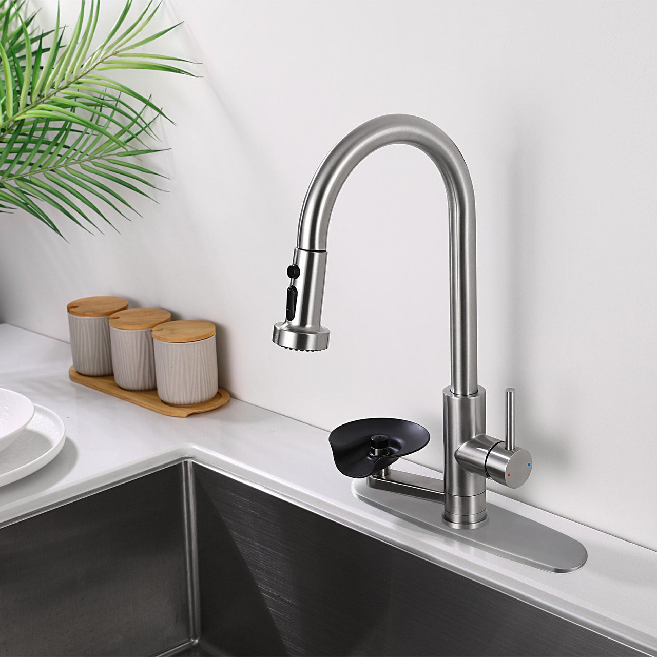 3-in-1 Kitchen Faucet with Press-Type Glass Rinser, High-Arc Pull-Down Sprayer, 3 Function Spray Mode, Brushed Nickel Finish, 9.44-Inch Spout Height, Stainless Steel & ABS Construction