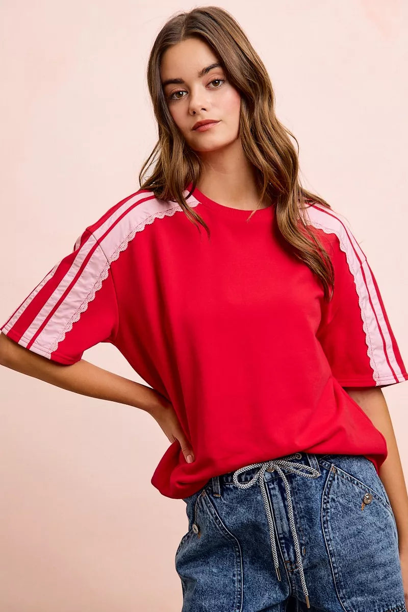 BiBi French Terry Side Lace Detail Short Sleeves Top