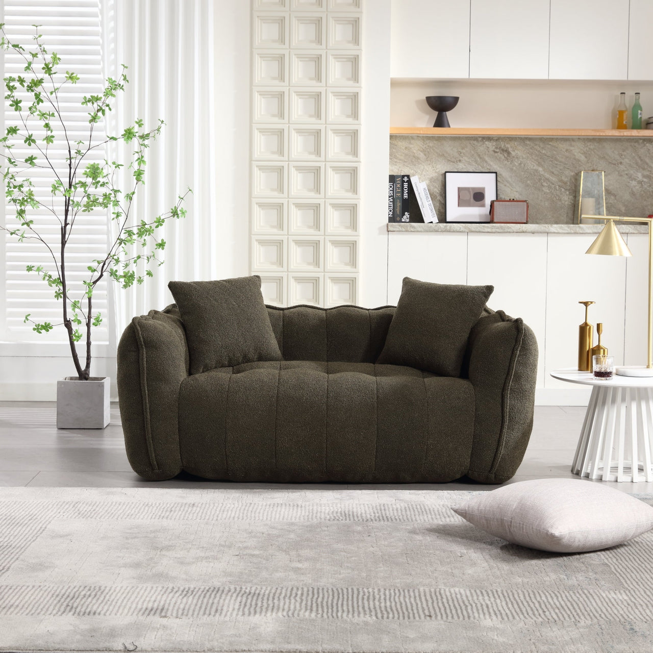 Cozy Beanbag Chair with High Resilience Foam Core for Two - Olive Green Chenille, 66x35x25 inches