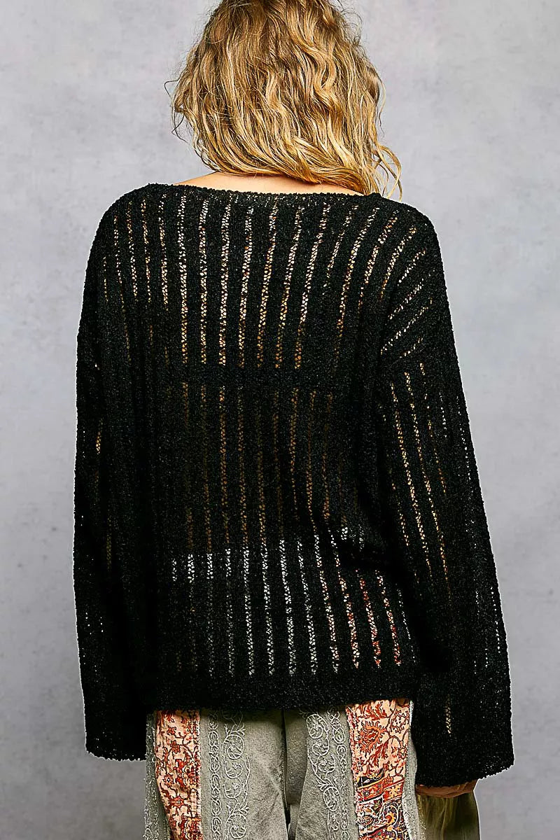 POL Round Neck Long Sleeve Open Weave Sweater