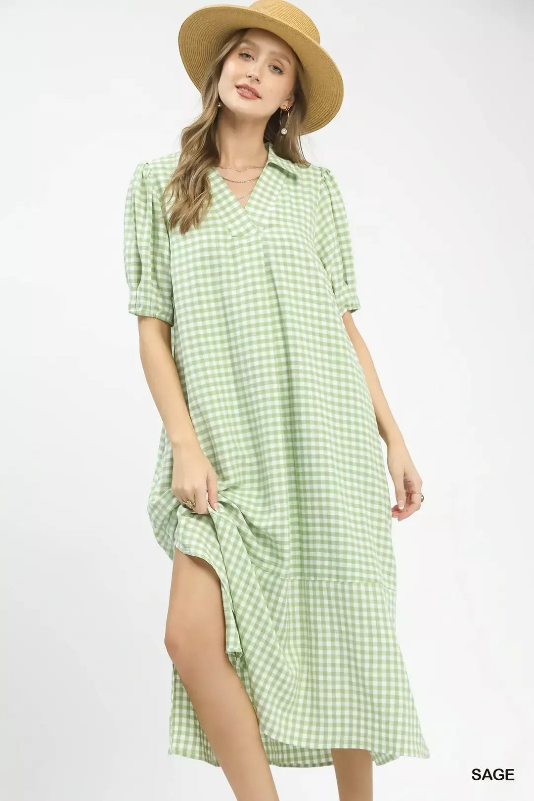 Umgee Gingham Midi Dress with Side Pockets