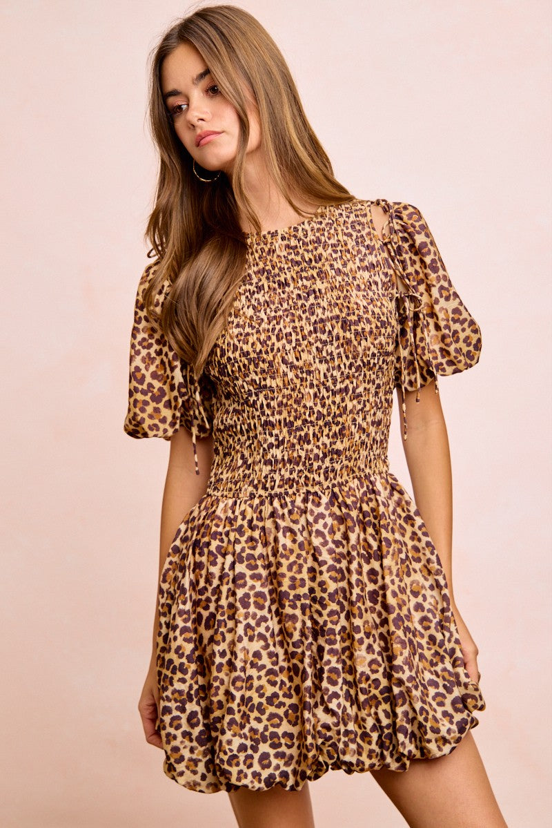 BiBi Leopard Bow Tie Attachable Puff Sleeves Dress