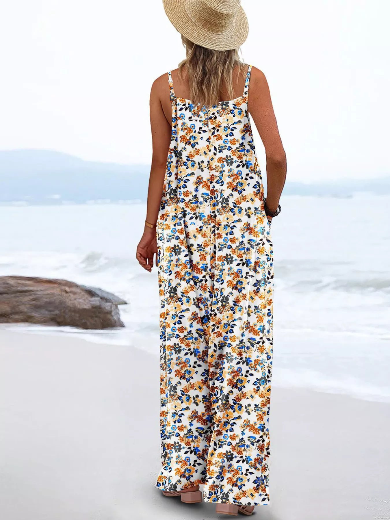 Full Size Floral Print Wide Leg Spaghetti Strap Overalls Plus Size