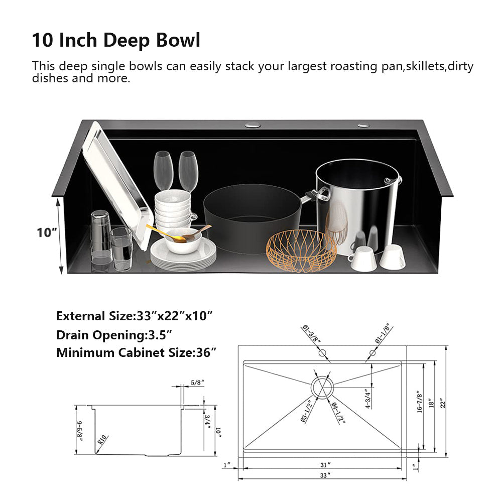 Workstation 33-inch Drop-In Kitchen Sink R10 Radius Stainless Steel Kitchen Sink Single Bowl with Intergrated Ledge & Accessories (Pack of 5) -33'x22'x10'