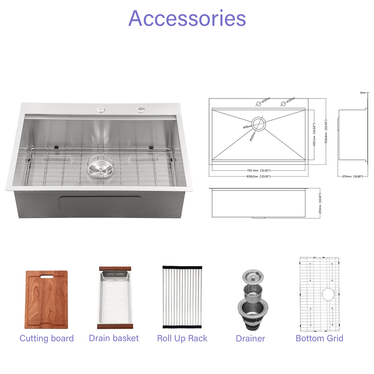 Brushed Nickel Stainless Steel Drop-in Kitchen Sink with Ledge Workstation, 33x22 Inch, 16 Gauge