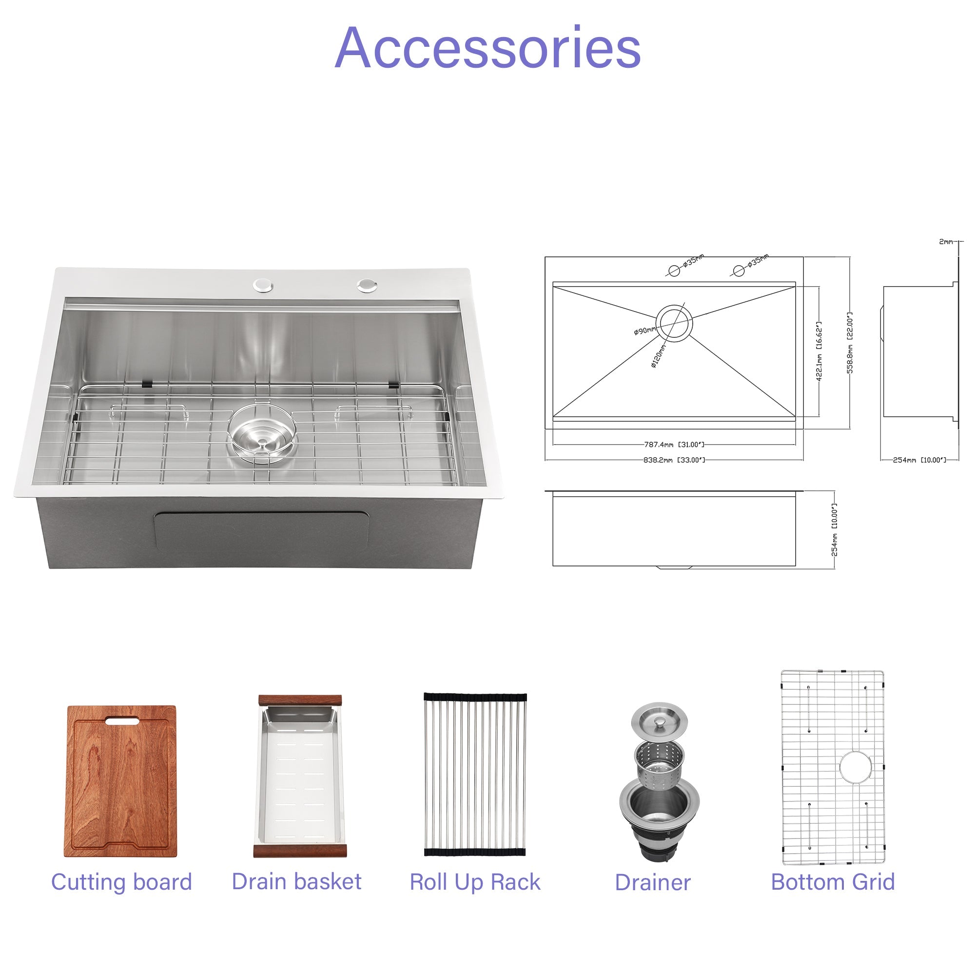 Brushed Nickel Stainless Steel Drop-in Kitchen Sink with Ledge Workstation, 33x22 Inch, 16 Gauge