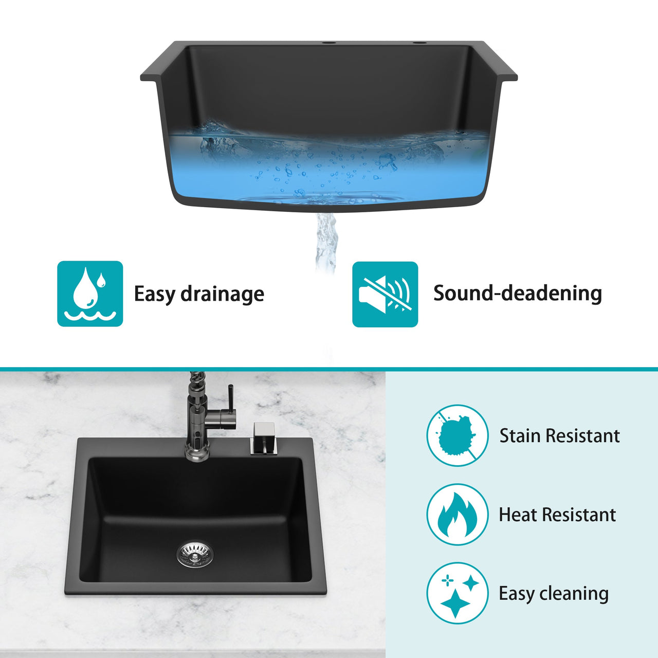 Quartz Kitchen Sink - 25 x 22 Inch Black Granite Composite Drop-In Sink