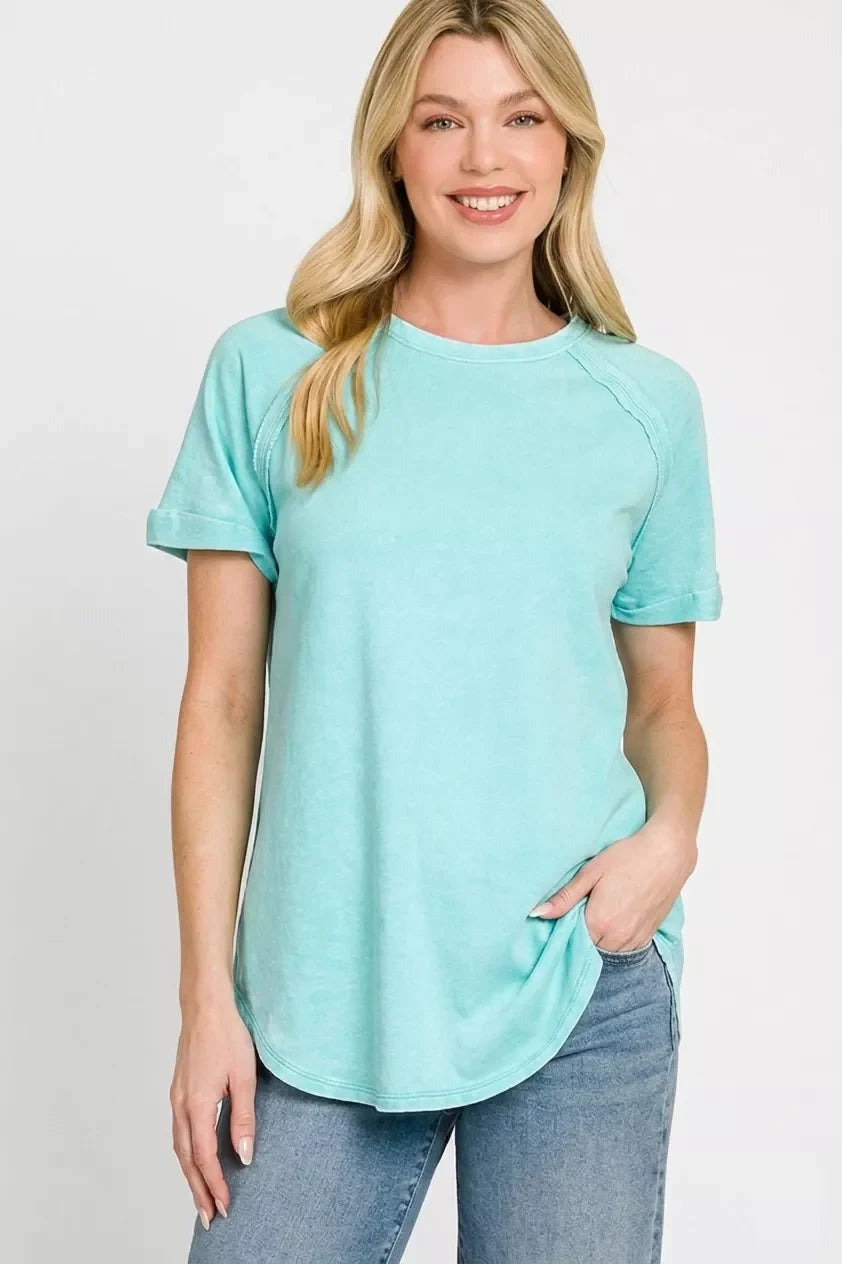 Zenana French Terry Washed Curved Hem Top