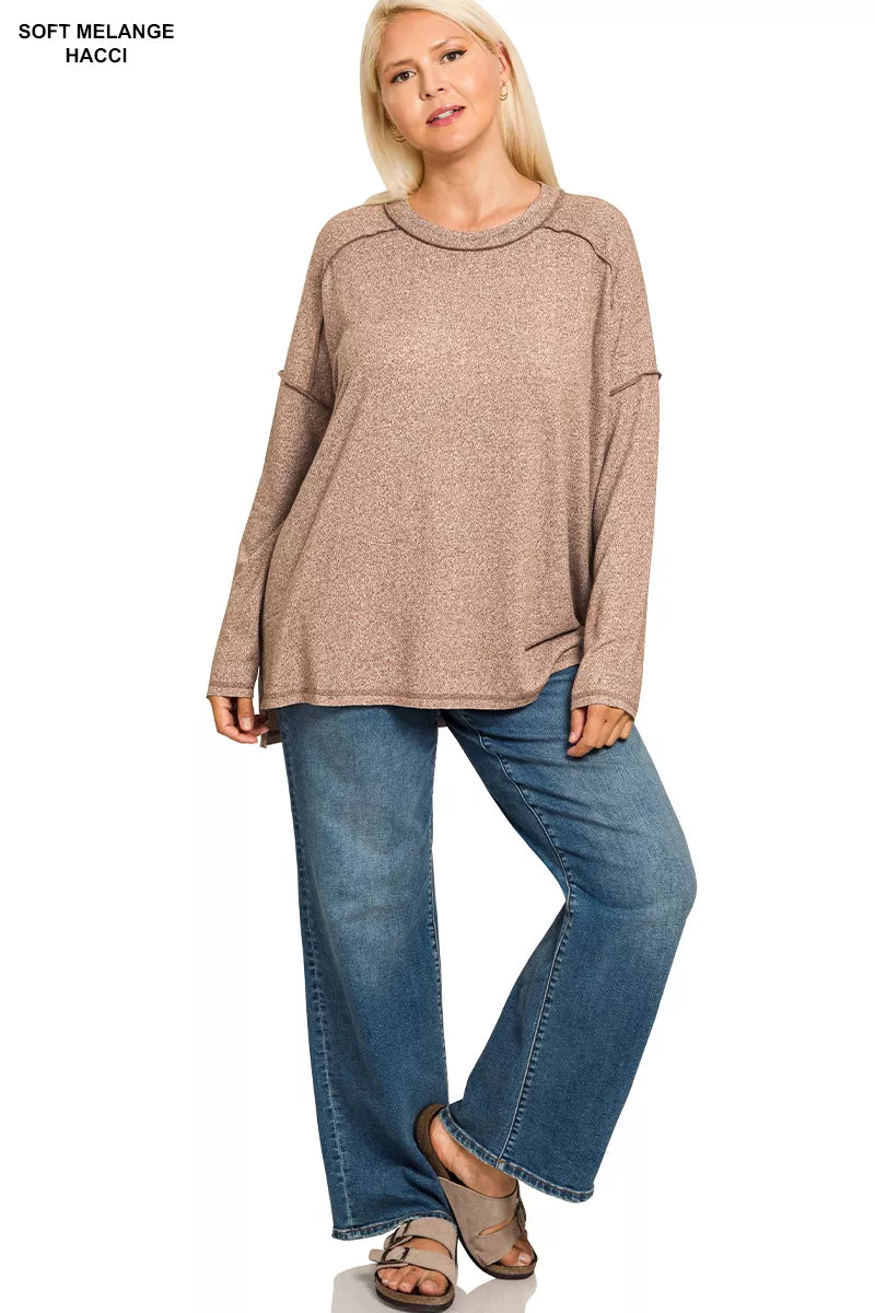 Zenana Full Size Melange Hacci Exposed Seam Hi-low Tee Plus Size