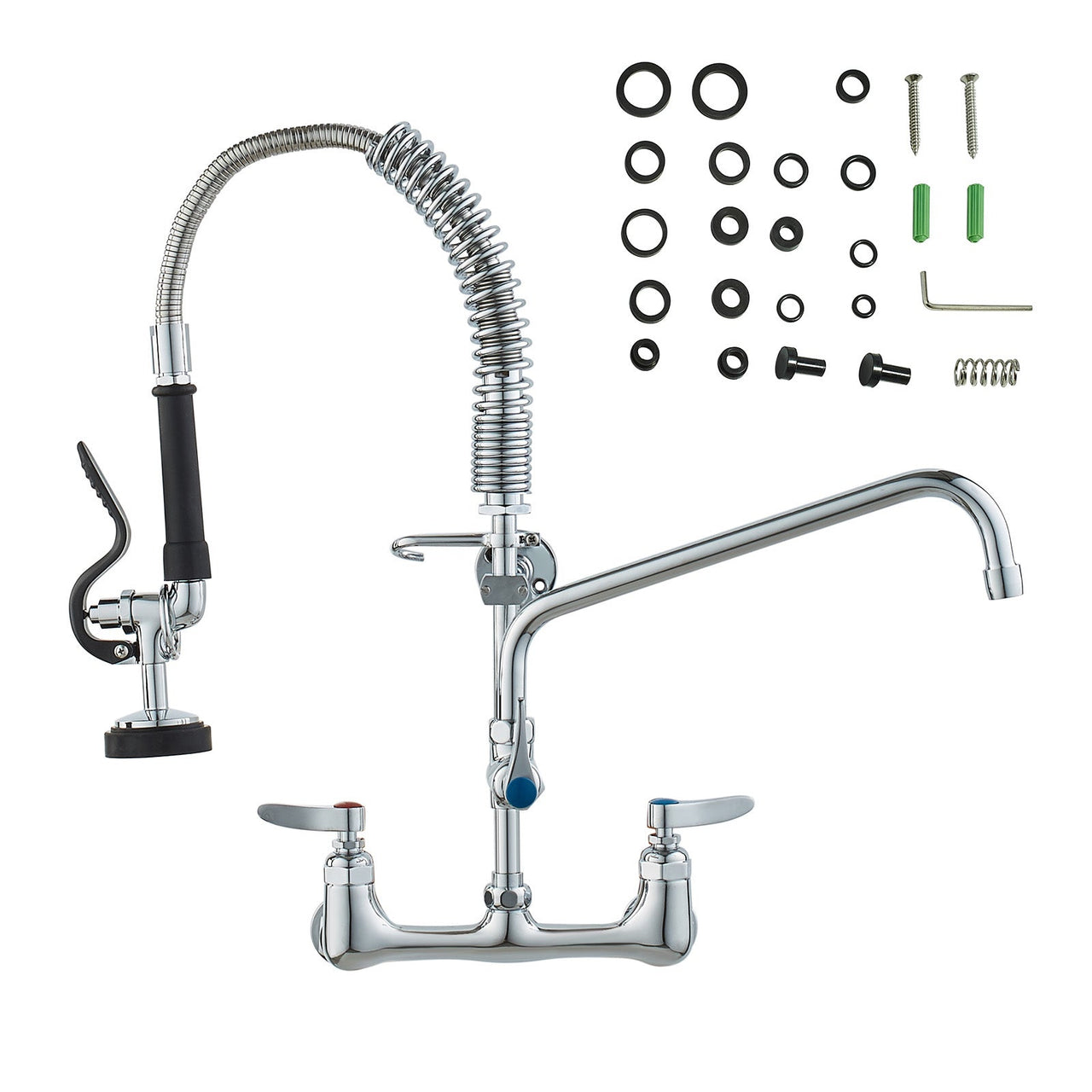 Commercial Faucet with Pre-Rinse Sprayer, 21' Height, 8' Center, 12' Swing Spout, Wall Mount Kitchen Sink Faucet, Brass Constructed Device with Pull Down Spray, for 1/2/3 Compartment Sink