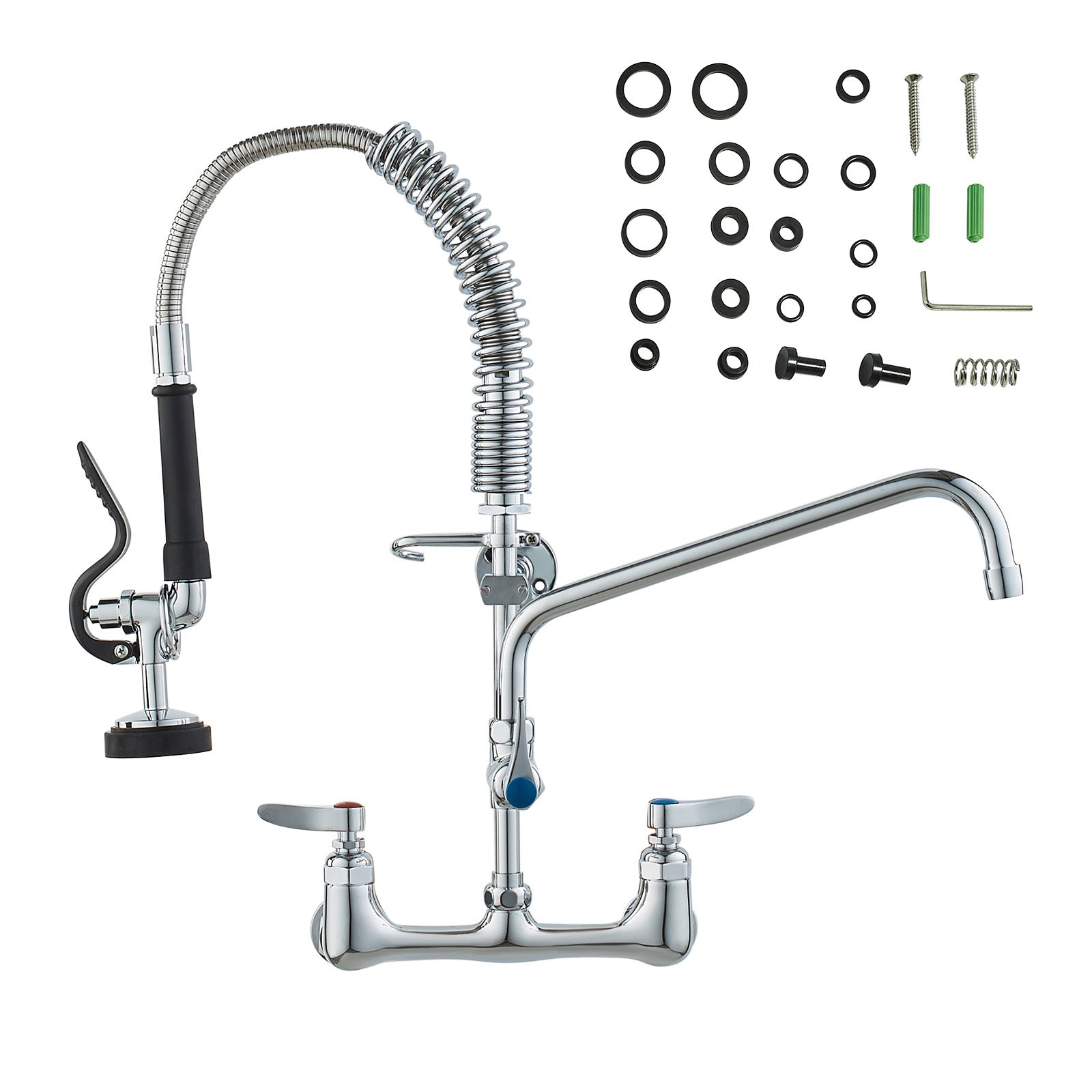 Commercial Faucet with Pre-Rinse Sprayer, 21' Height, 8' Center, 12' Swing Spout, Wall Mount Kitchen Sink Faucet, Brass Constructed Device with Pull Down Spray, for 1/2/3 Compartment Sink