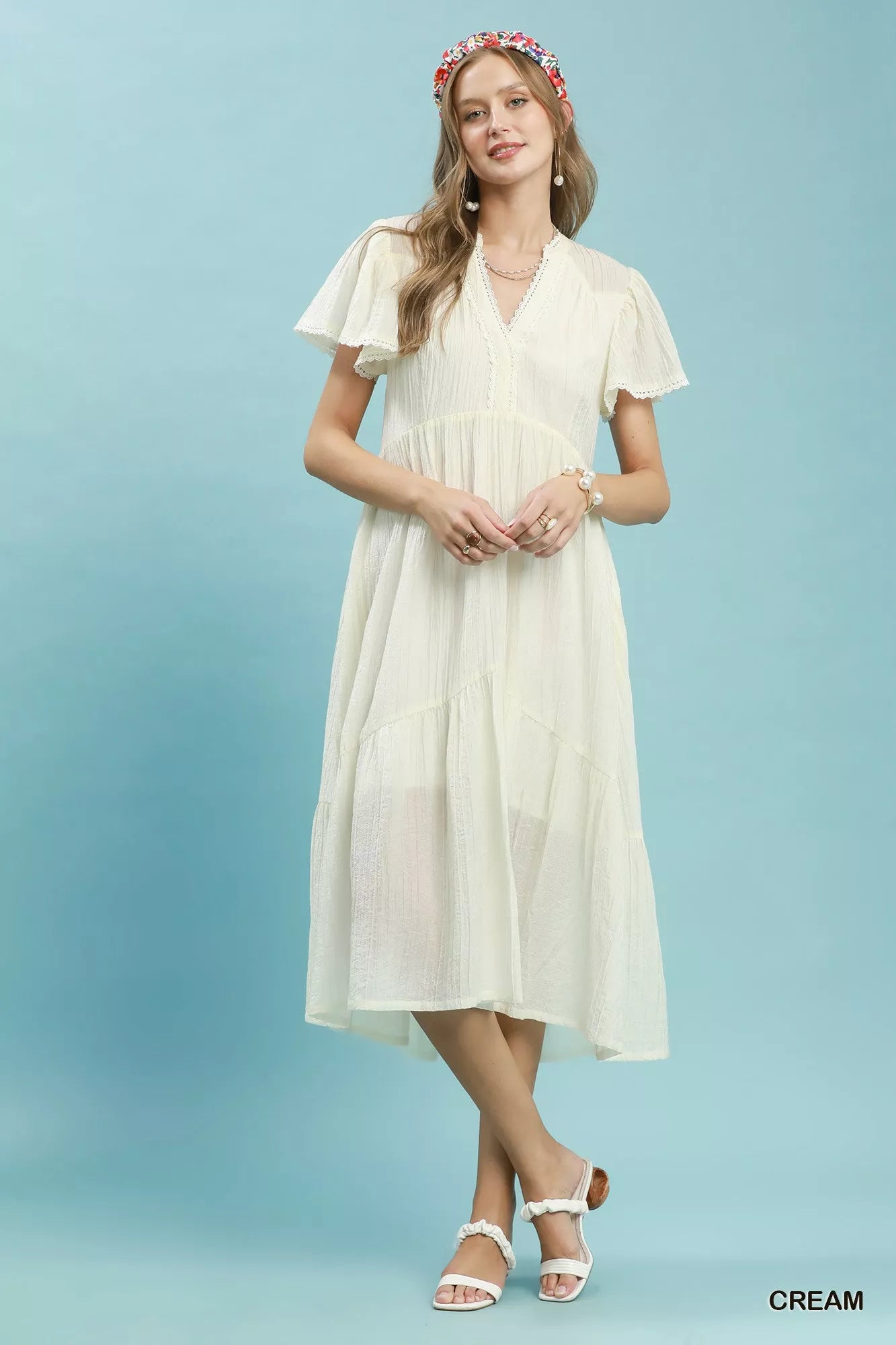 Umgee Textured Tiered Midi Dress with Side Pockets