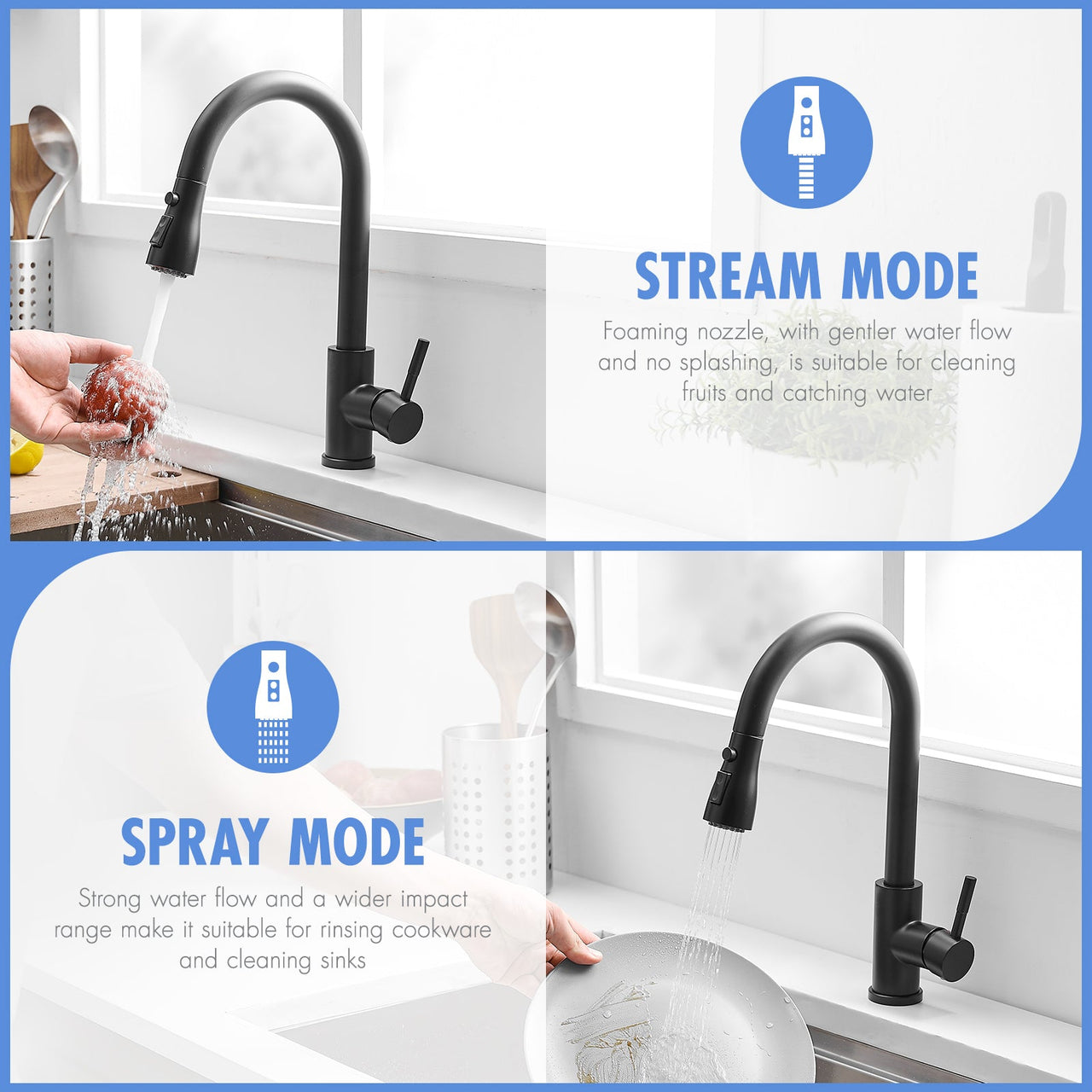 Kitchen Sink Faucet, Black Kitchen Faucets with Pull out Sprayer Stainless Steel Kitchen Faucet