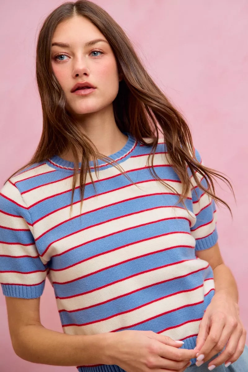 SO ME Stripe Knit Crew Neck Short Sleeves Sweater Top