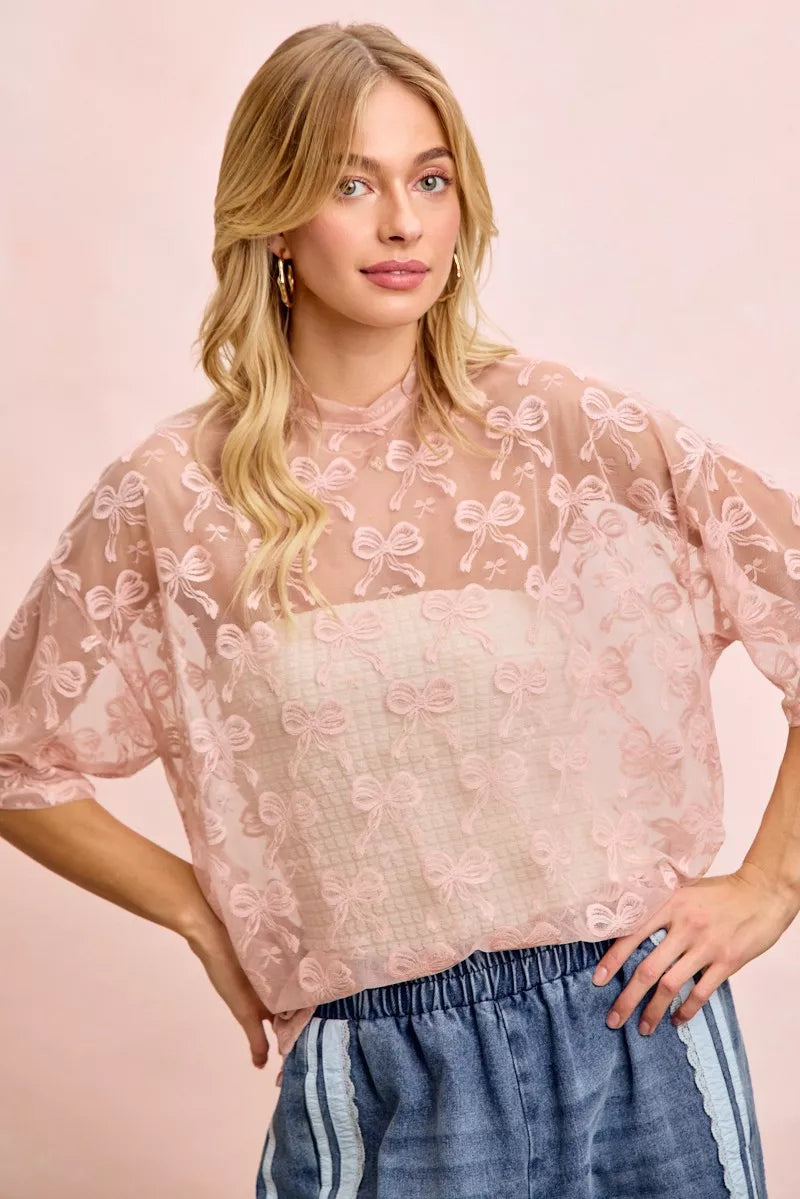 BiBi Bow Pattern Short Sleeves Boxy Mesh Top