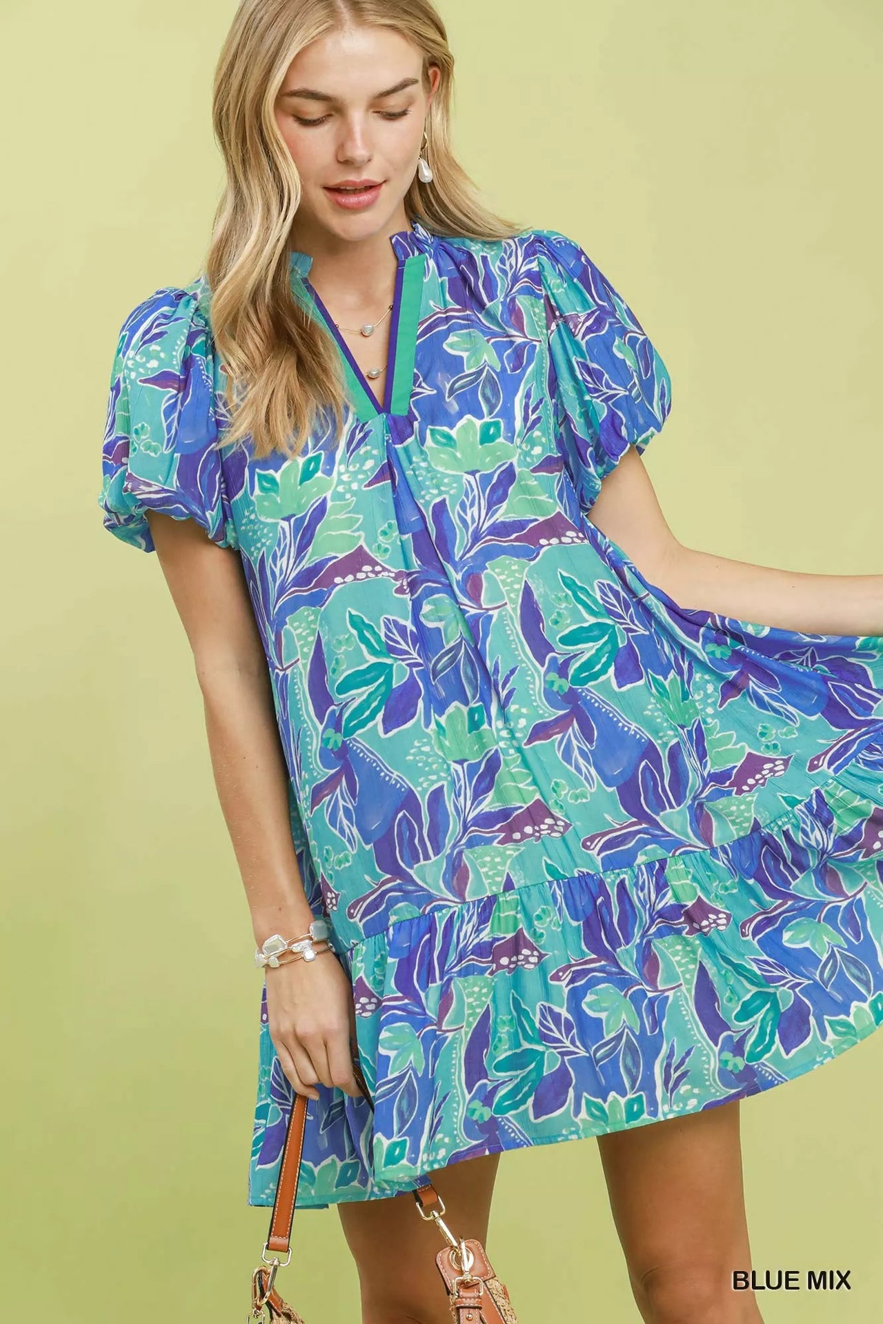 Umgee Tropical Floral Puff Sleeve Tiered Mini Dress