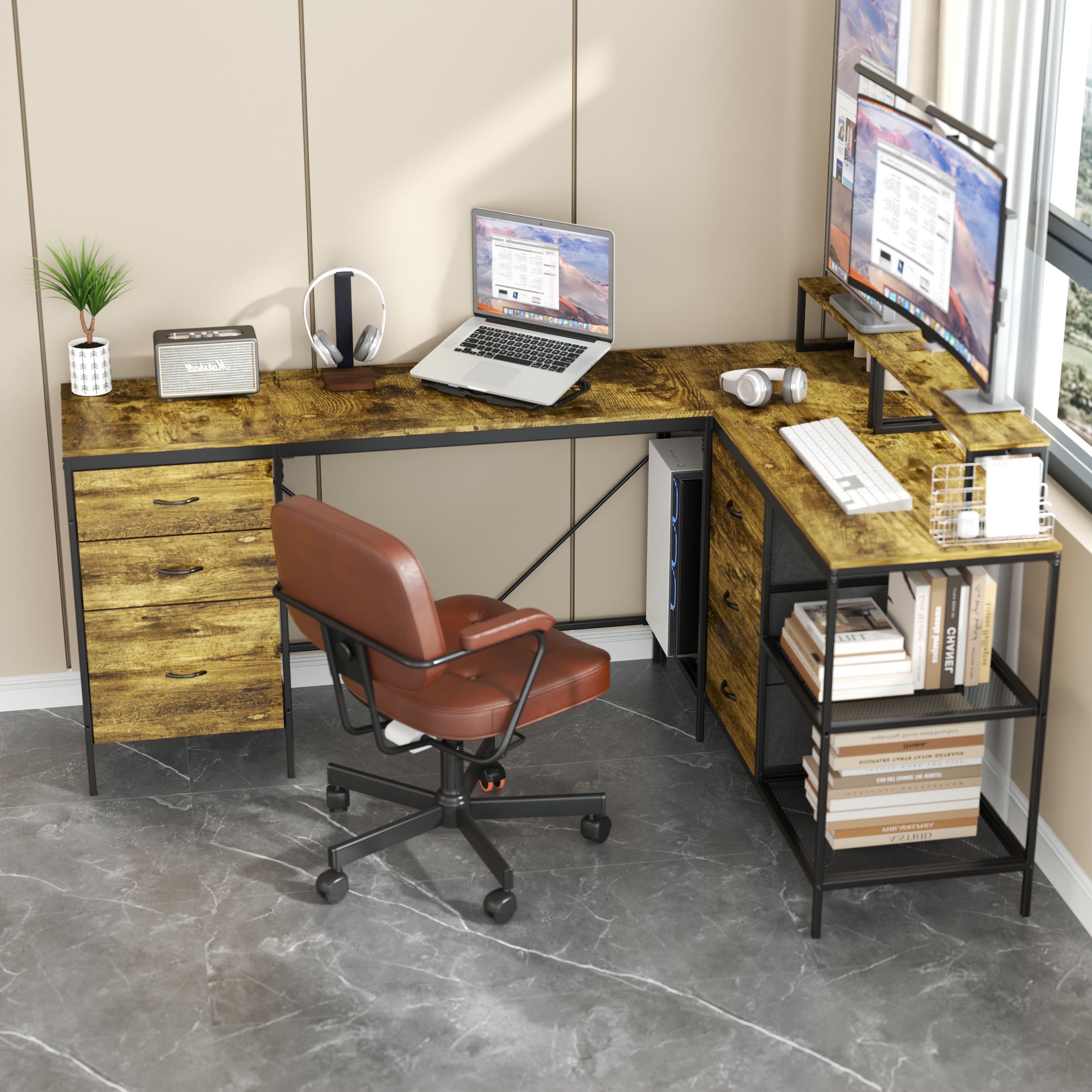 Industrial L-Shaped Computer Desk with Power Outlets & USB-C, Rustic Brown Metal Frame, 6 Fabric Drawers, 3 Open Shelves, Movable Monitor Stands, 114 Inch Corner Office Desk for Gaming and Work