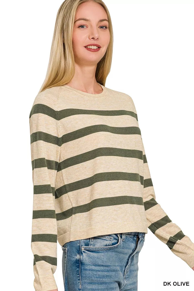 Zenana Lightweight Wool Blend Striped Round Neck Sweater