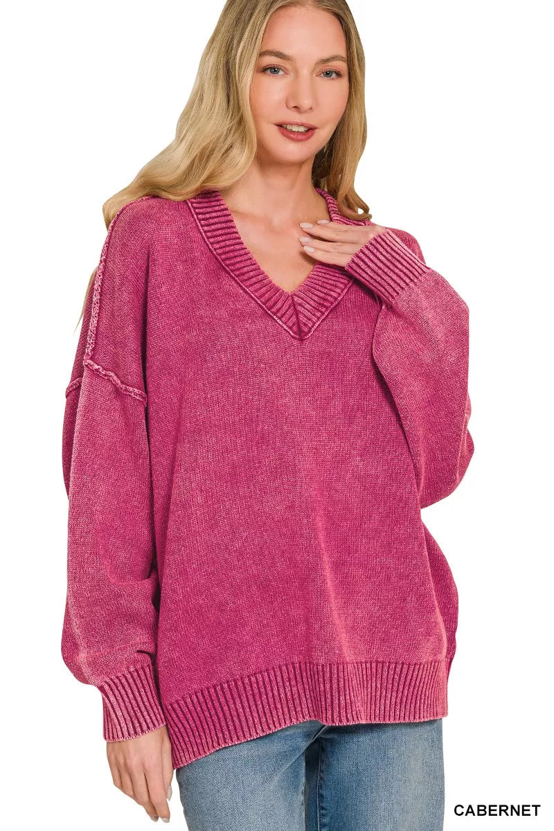 Zenana Washed Deep V-neck Oversized Sweater
