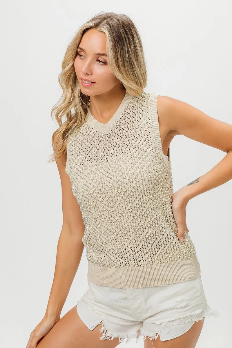 BiBi Knitted Beaded Pearl V Neck Sleveless Top