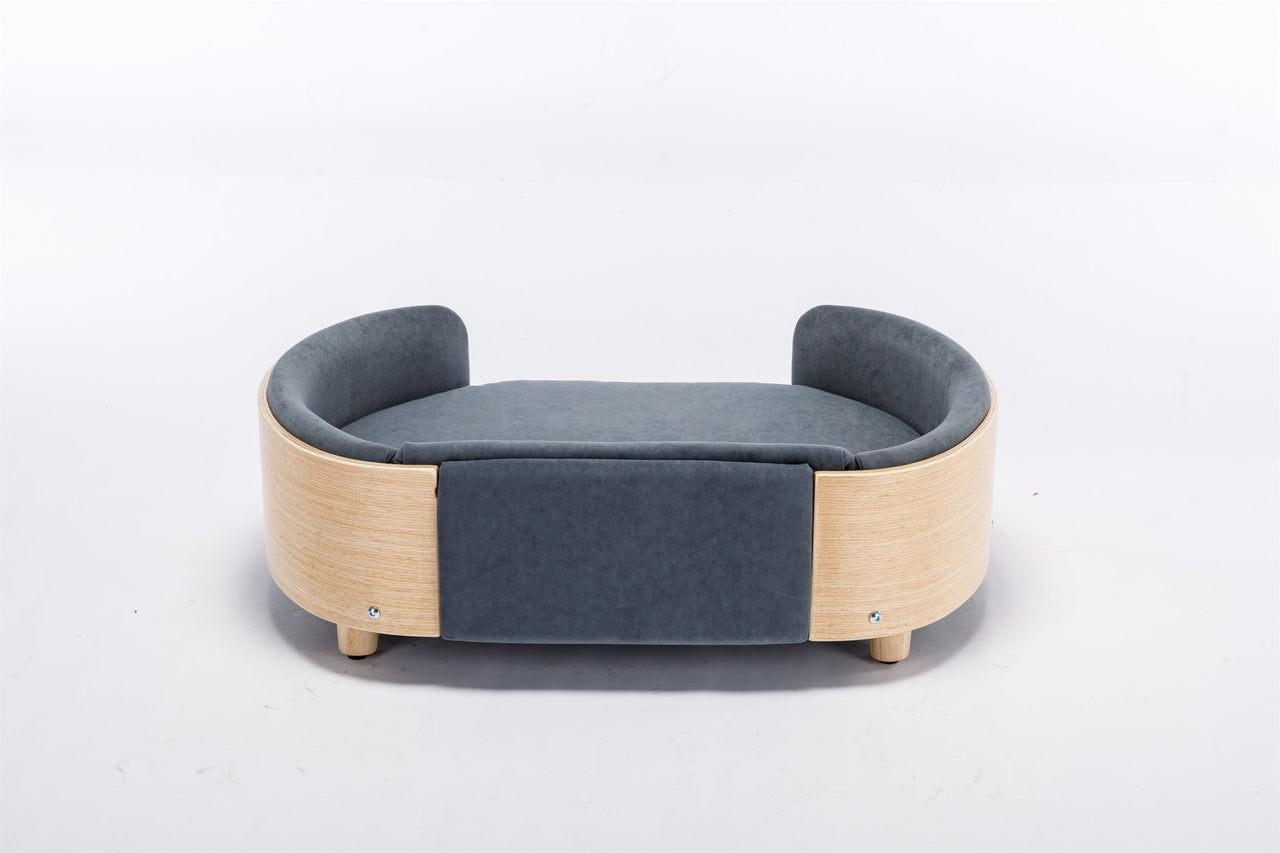 Scandinavian style Elevated Dog Bed Pet Sofa With Solid Wood legs and Bent Wood Back, Velvet Cushion,Mid Size,Dark Grey