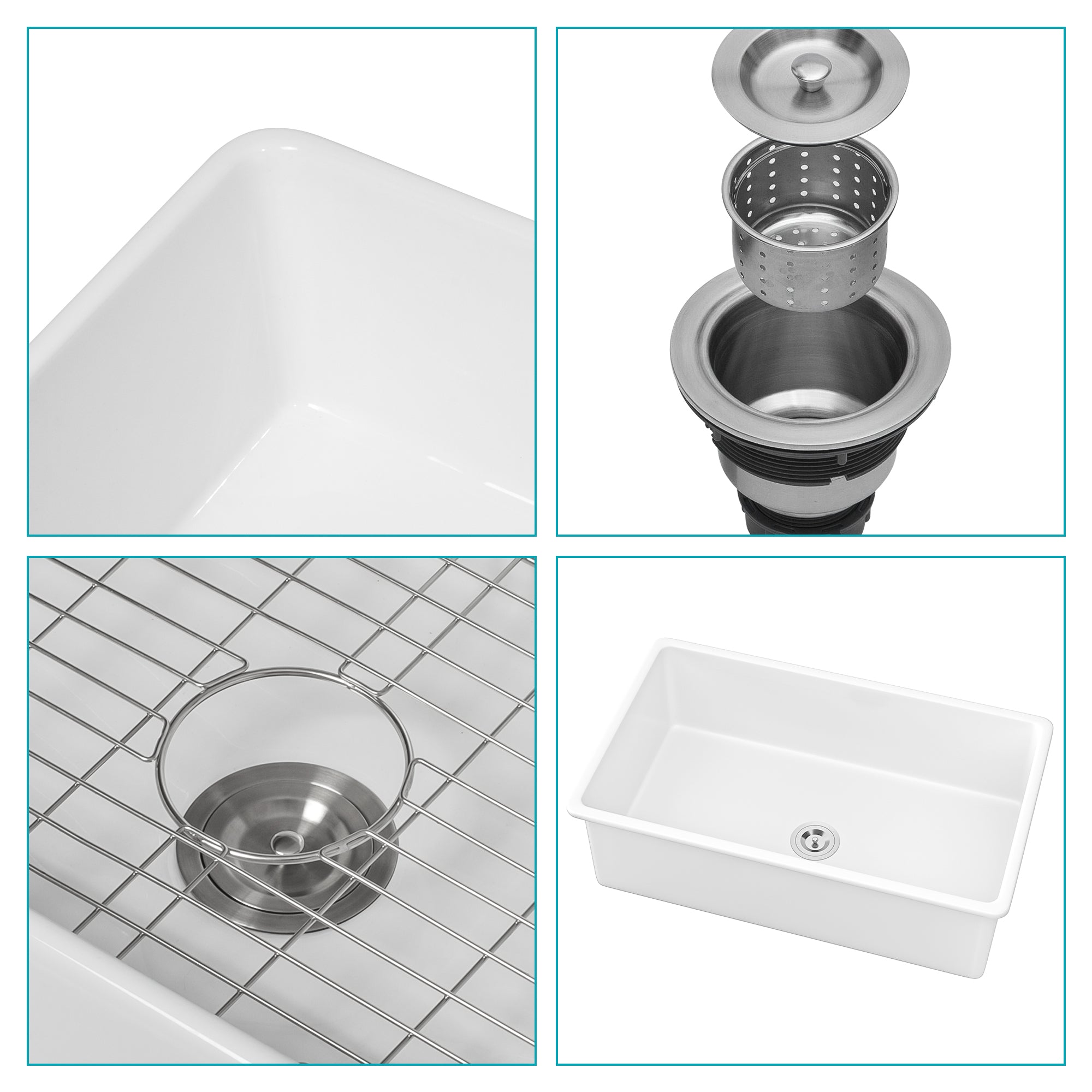 White Fireclay Rectangular Deep Single Bowl Sink 32x19x10 Inch Undermount Top Mount Porcelain Kitchen Sink