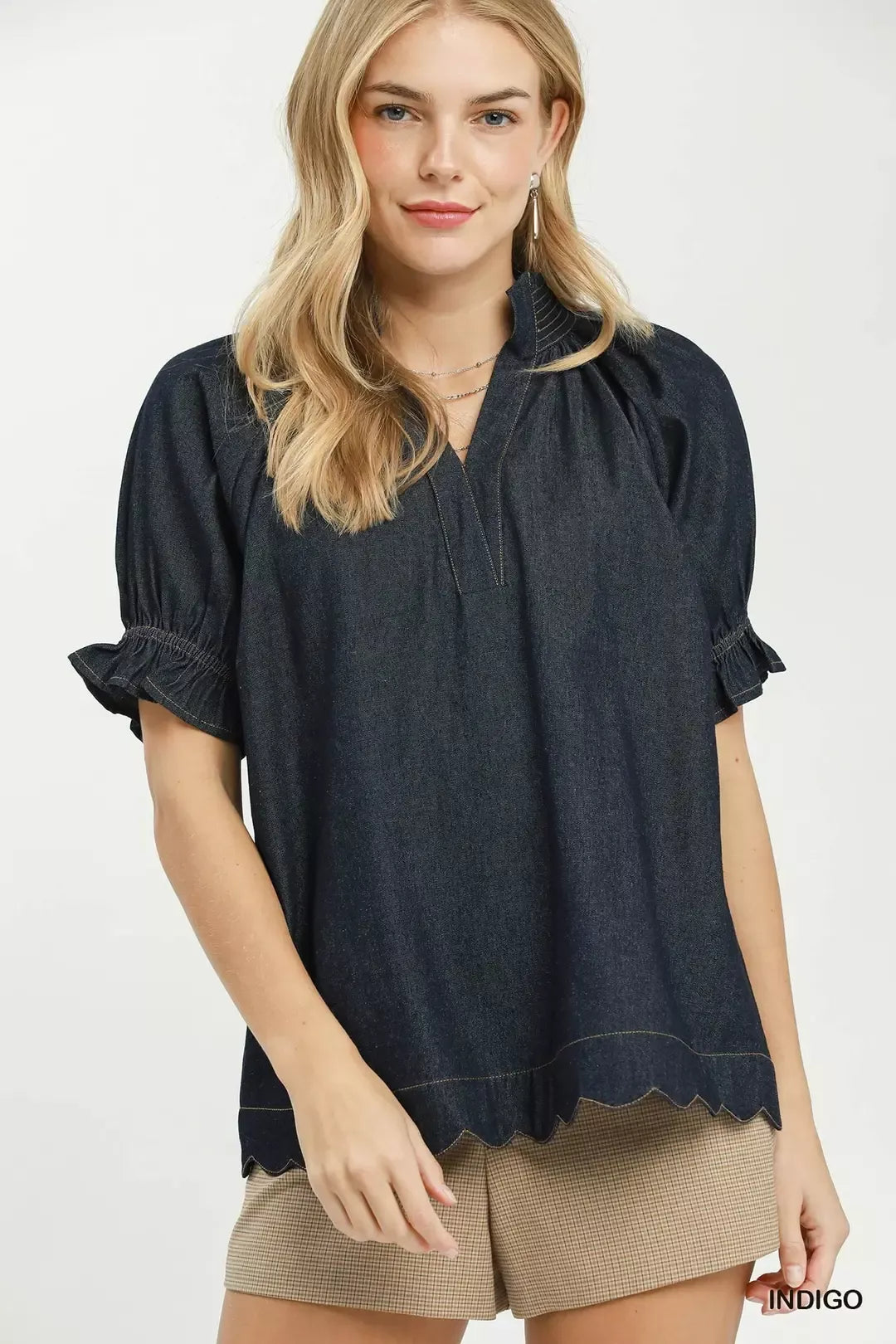 Umgee Chambray Puff Sleeve Scallop Hem Blouse