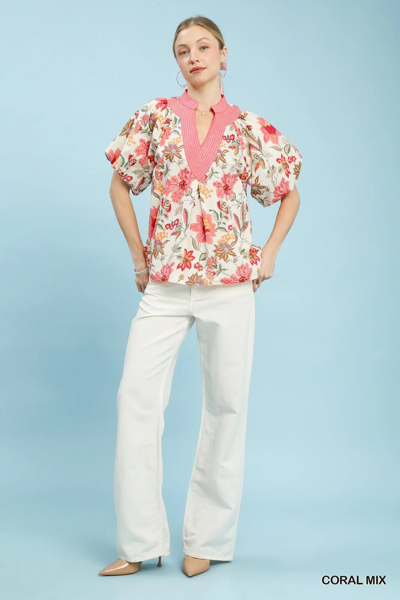 Umgee Mix Floral Puff Sleeve Blouse