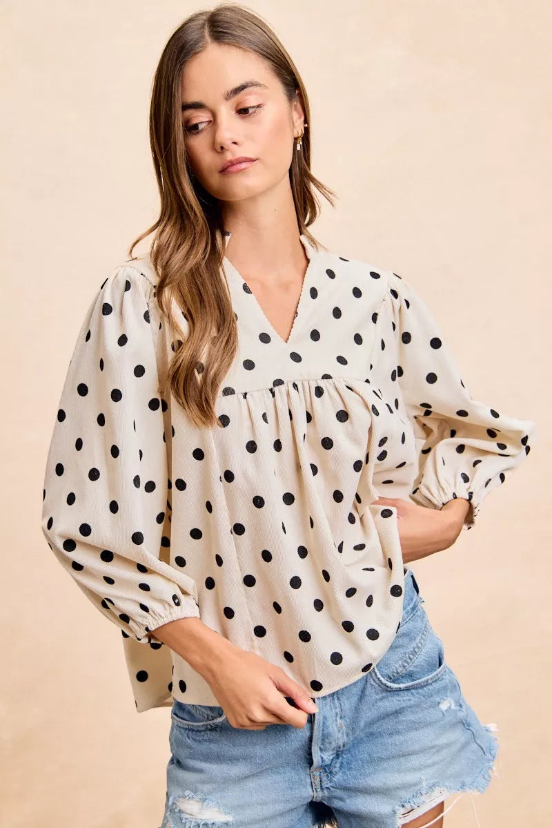 BiBi Polka Dot Corduroy Quarter Sleeves V Neck Blouse