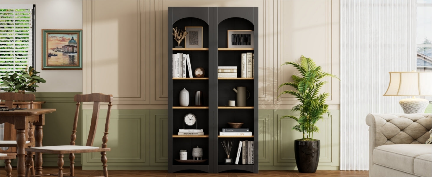 ON-TREND Free Standing 5 Tier Bookshelves, Bookcases Set of 2, Farmhouse Two-Tone Storage Cabinet with Adjustable Shelves, Modern 72'H Kitchen Pantry Cabinet for Living Room, Home Office, Black