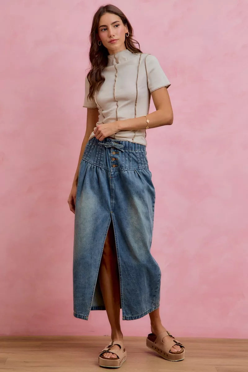 SO ME Pleated Washed Denim Skirt With Front Slit