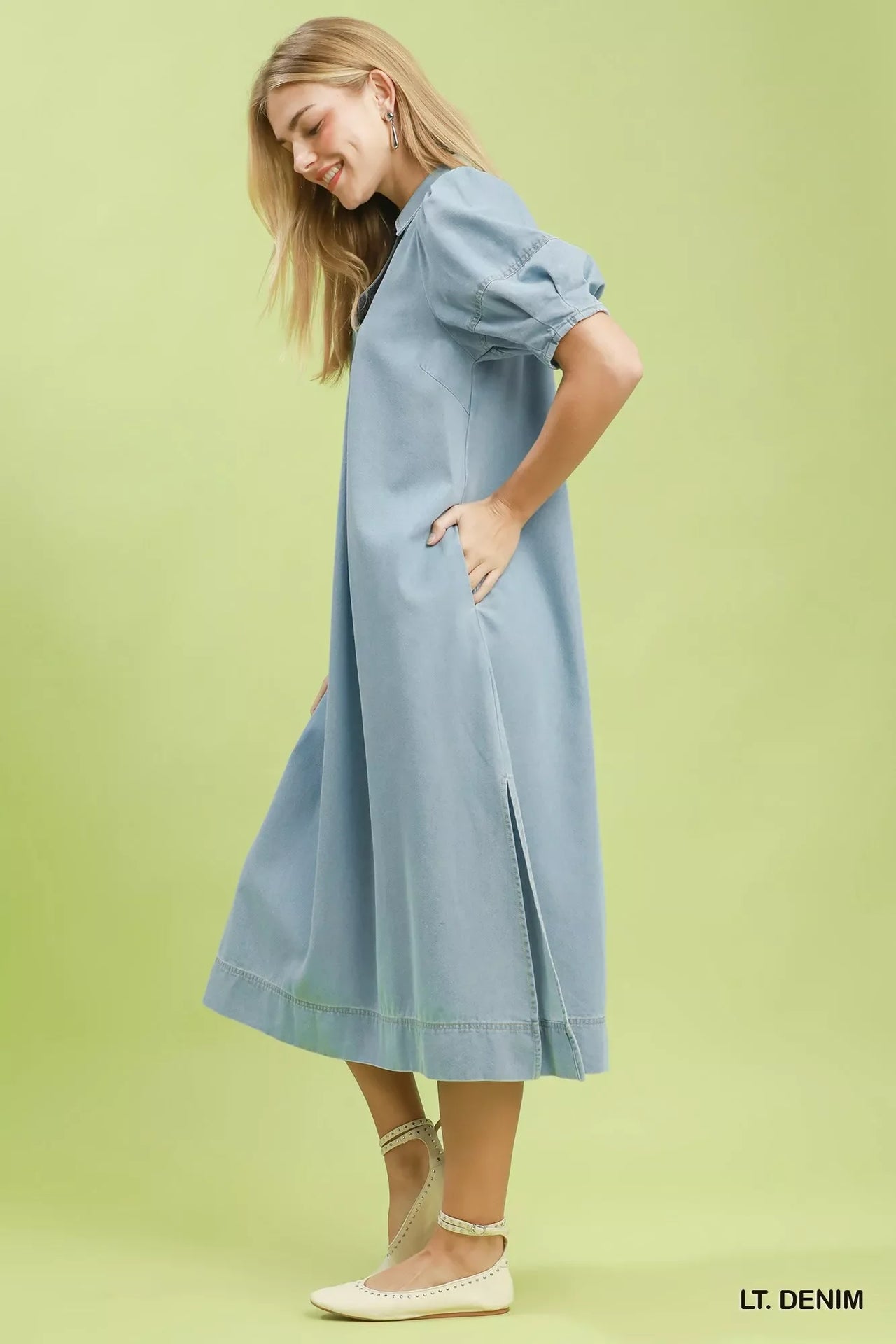 Umgee Chambray Collared Puff Sleeve Dress