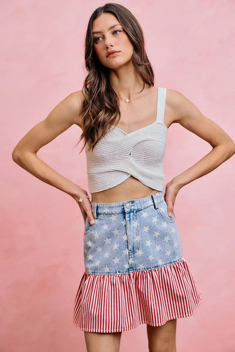 SO ME Stars And Stripes Fit And Flare Denim Mini Skirt