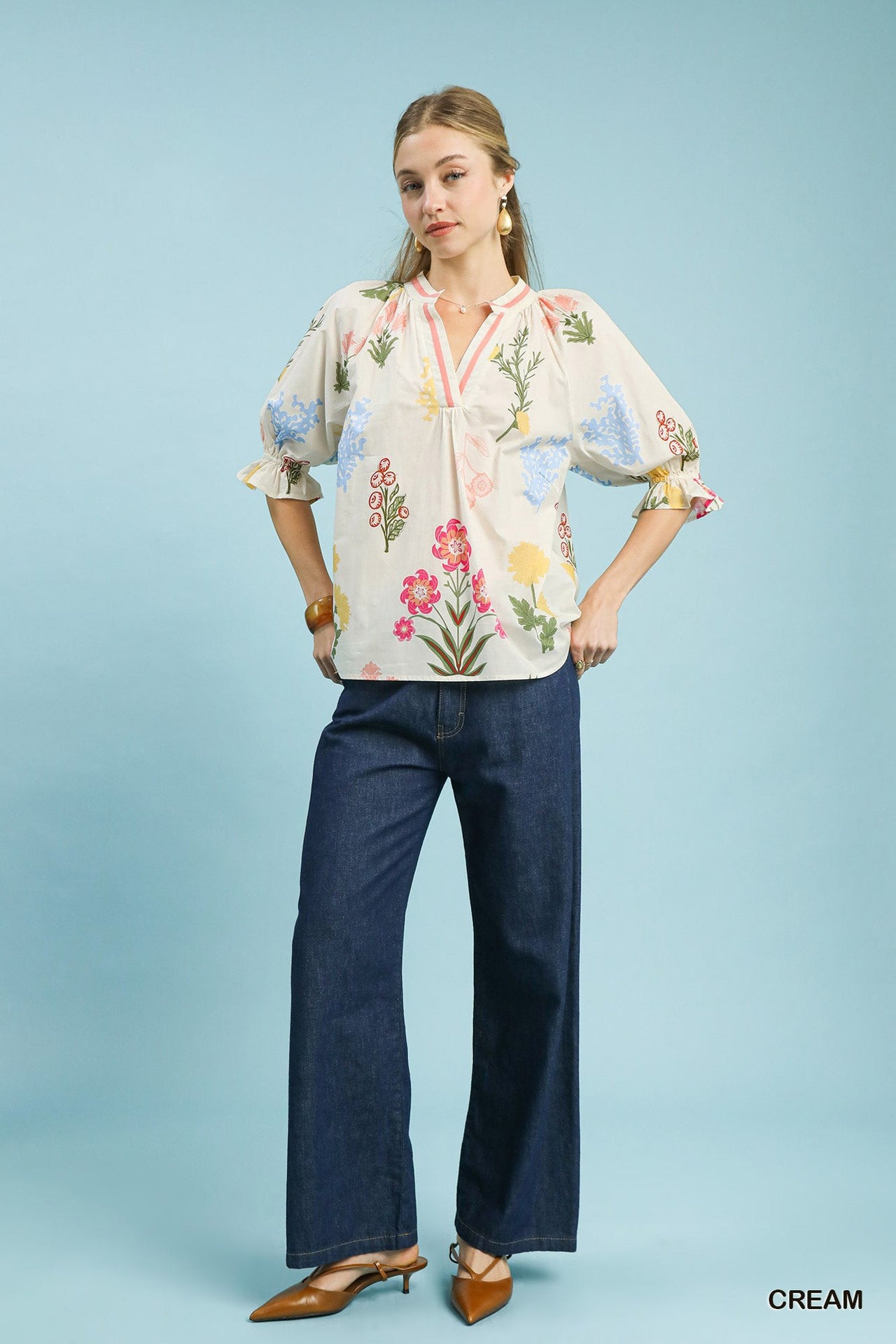Umgee Floral Split Neck Puff Sleeve Top