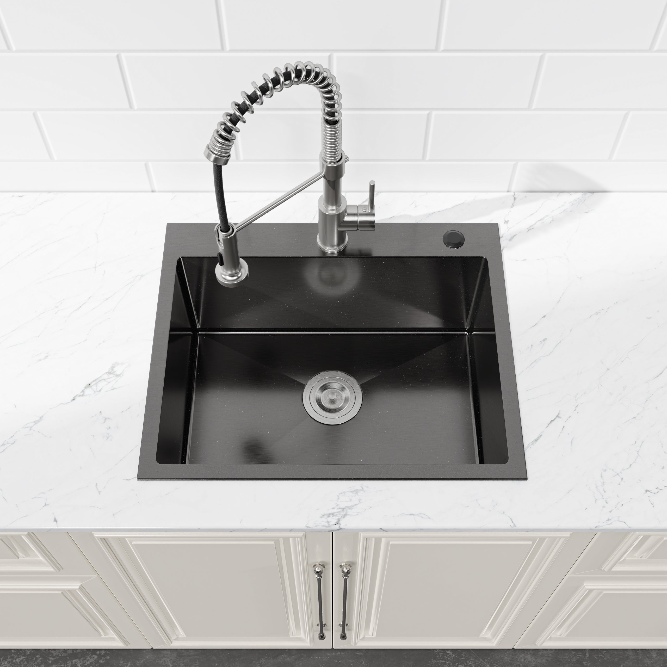 Stainless Steel Kitchen Sink, 23″x19″ Single Bowl, Undermount Handmade Sink in Black, with US Standard Drain and Hook, LS-SSBL02