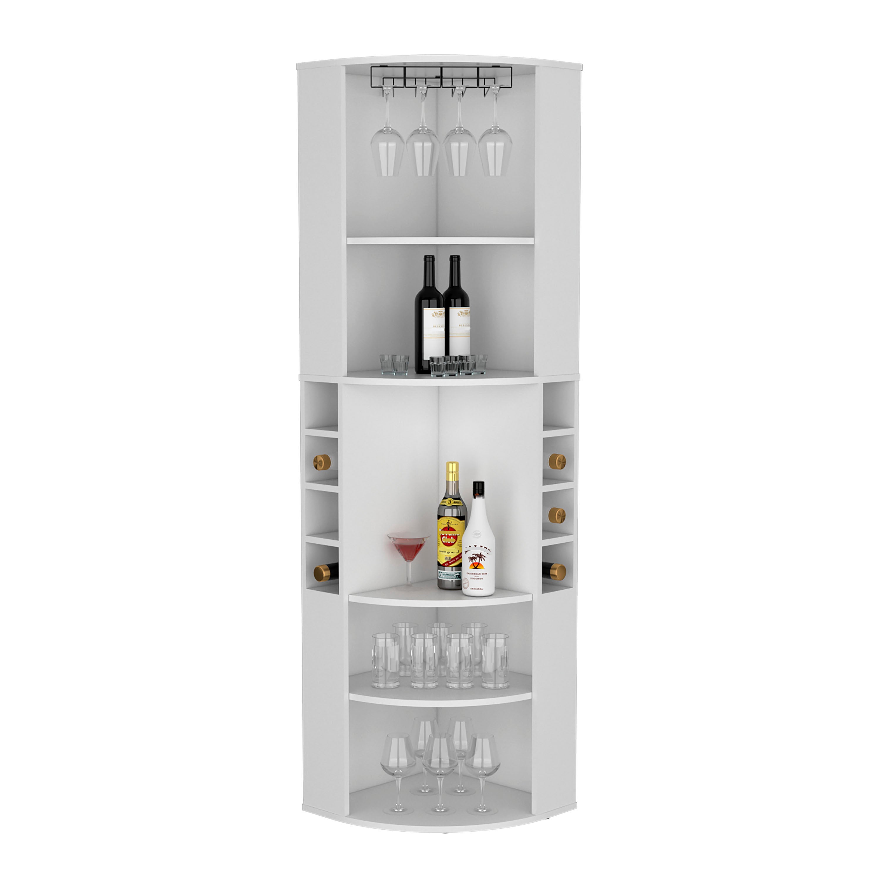 71' Corner Bar Cabinet with Five Shelves, Eight Bottle Cubbies and Stemware,White