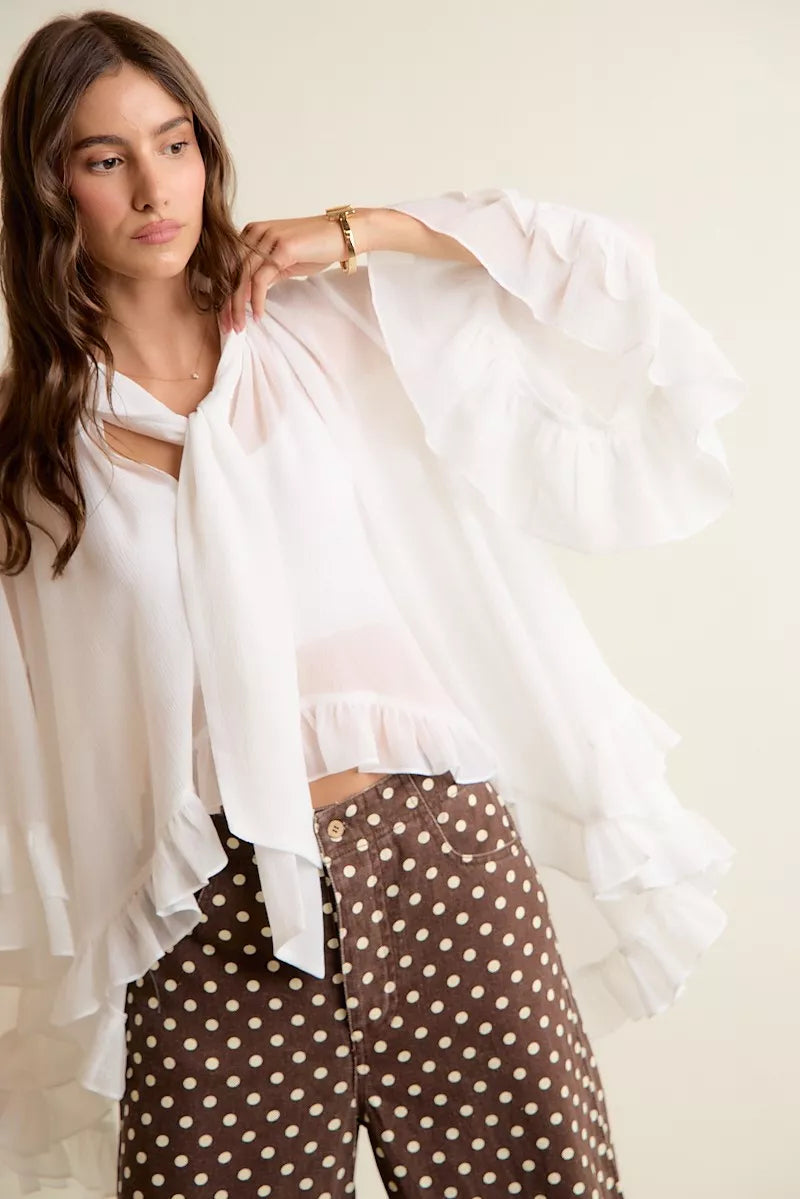 SO ME Sheer Ruffle Bell Sleeves Bow Tie Flowy Blouse Top