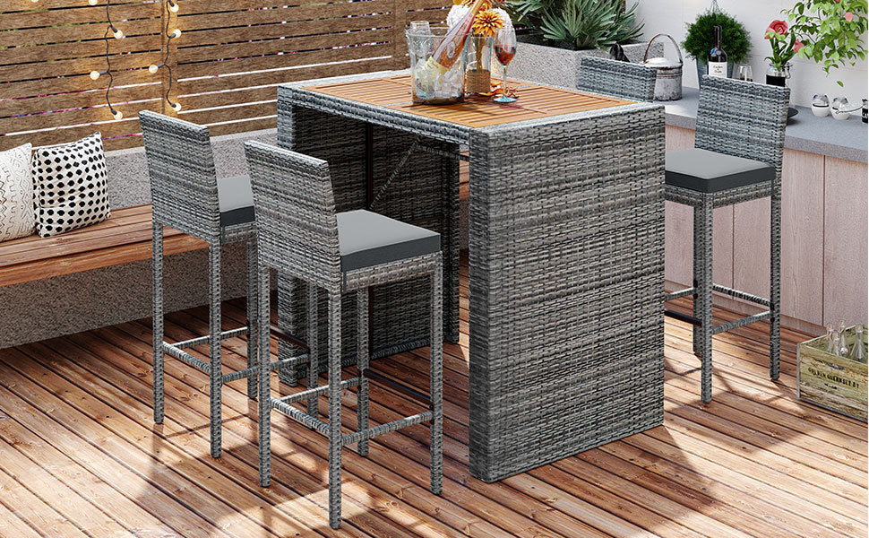 5-piece Outdoor Patio Wicker Bar Set, Bar Height Chairs With Non-Slip Feet And Fixed Rope, Removable Cushion, Acacia Wood Table Top, Brown Wood And Gray Wicker