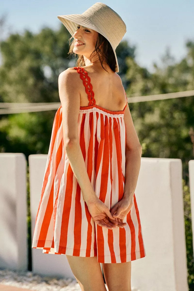 SO ME Stripe Cotton Scallop Side Pocket Lined Mini Dress