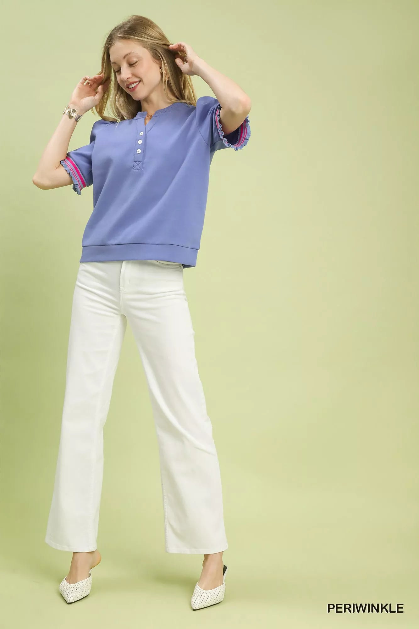 Umgee Puff Sleeve Button Front Top with Contrast Trim