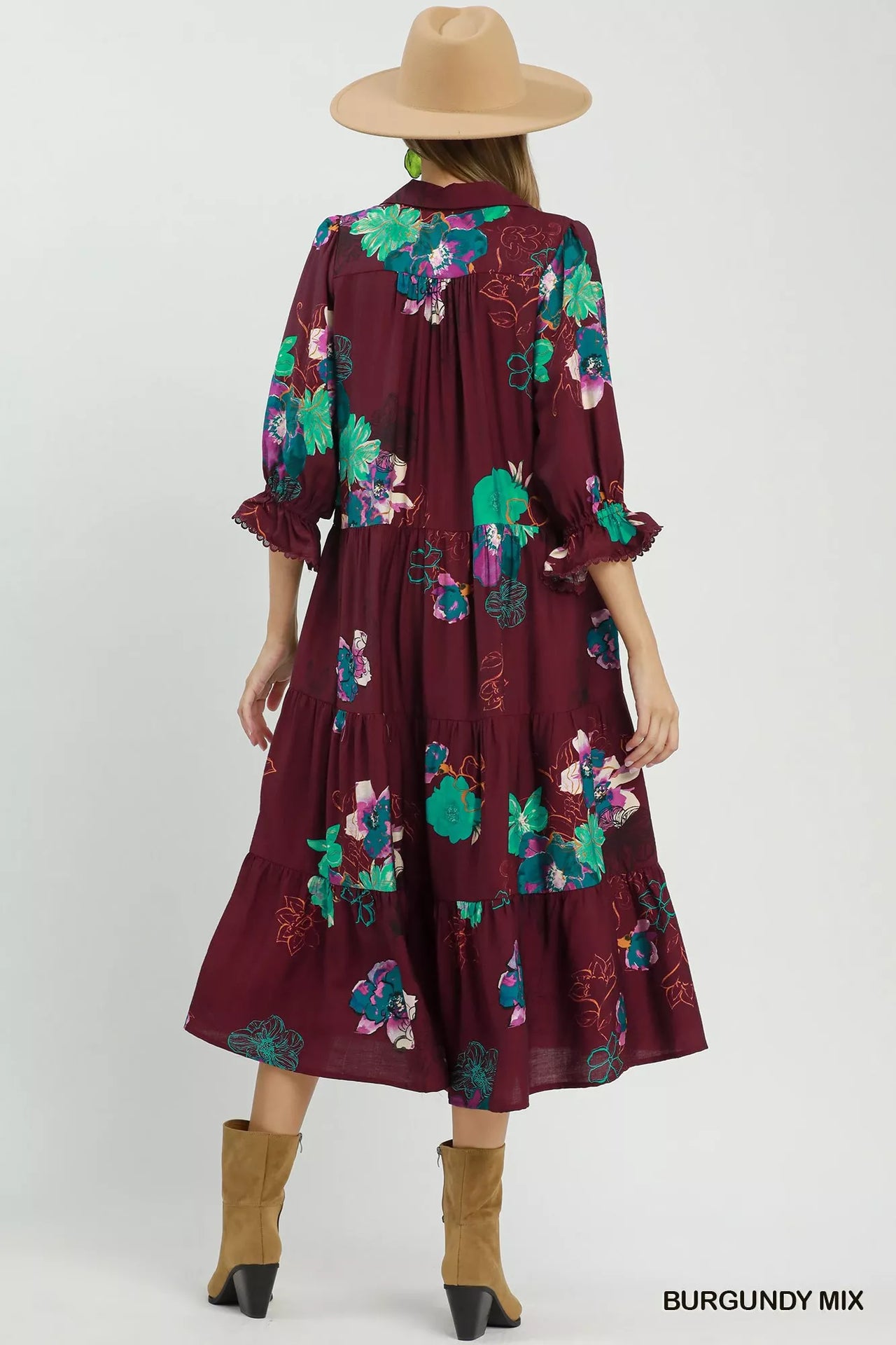 Umgee Floral Print Tiered Midi Dress with Puff Sleeves