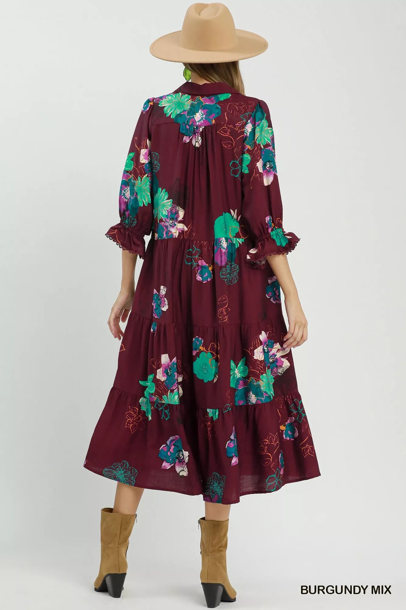 Umgee Floral Print Tiered Midi Dress with Puff Sleeves