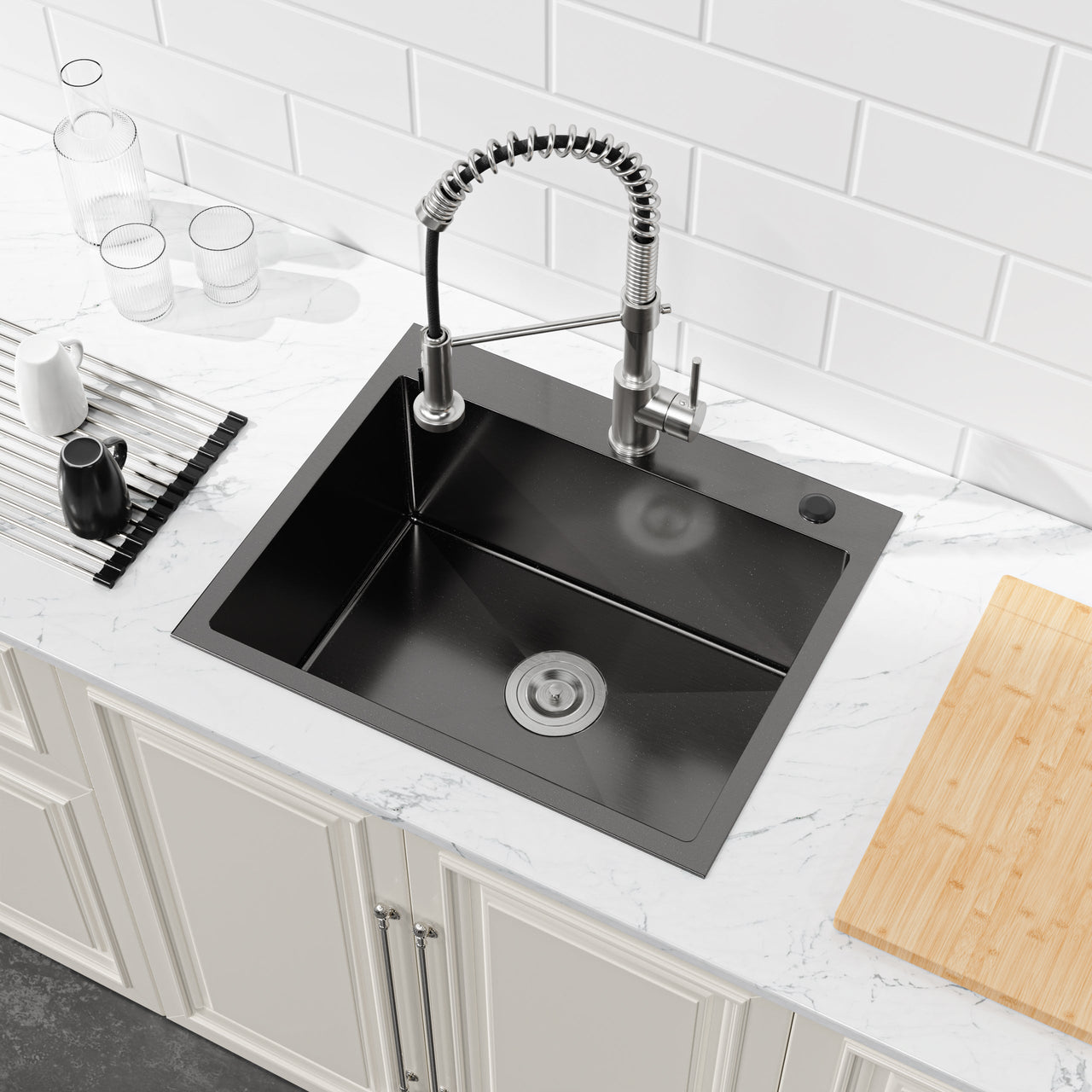 Stainless Steel Kitchen Sink, 23″x19″ Single Bowl, Undermount Handmade Sink in Black, with US Standard Drain and Hook, LS-SSBL02
