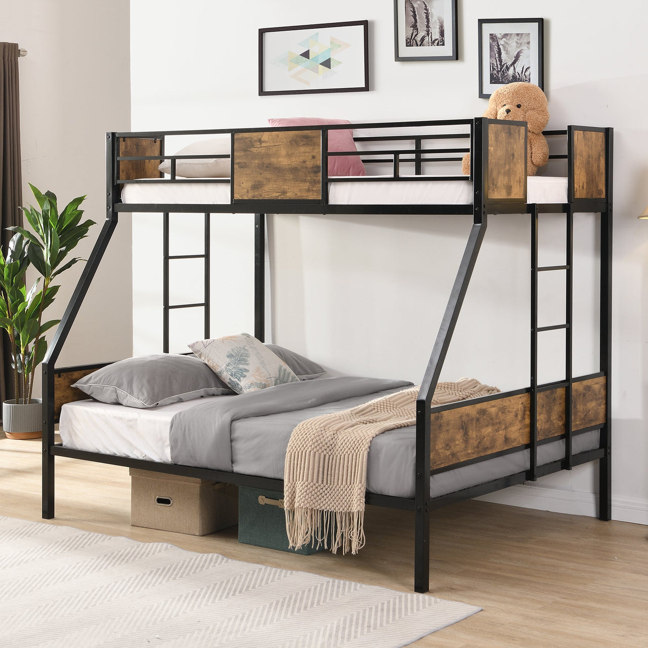 Modern Twin Over Full Metal Bunk Bed with 2-Side Ladder, Full-Length Guardrail, No Box Spring Needed, Black & Brown