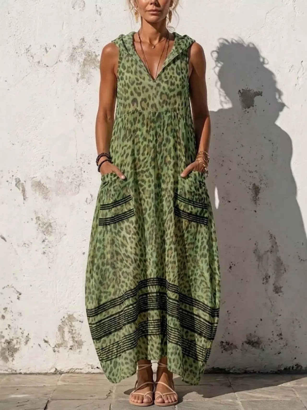 Full Size Sleeveless Hooded Leopard Print Maxi Dress with Pockets Plus Size