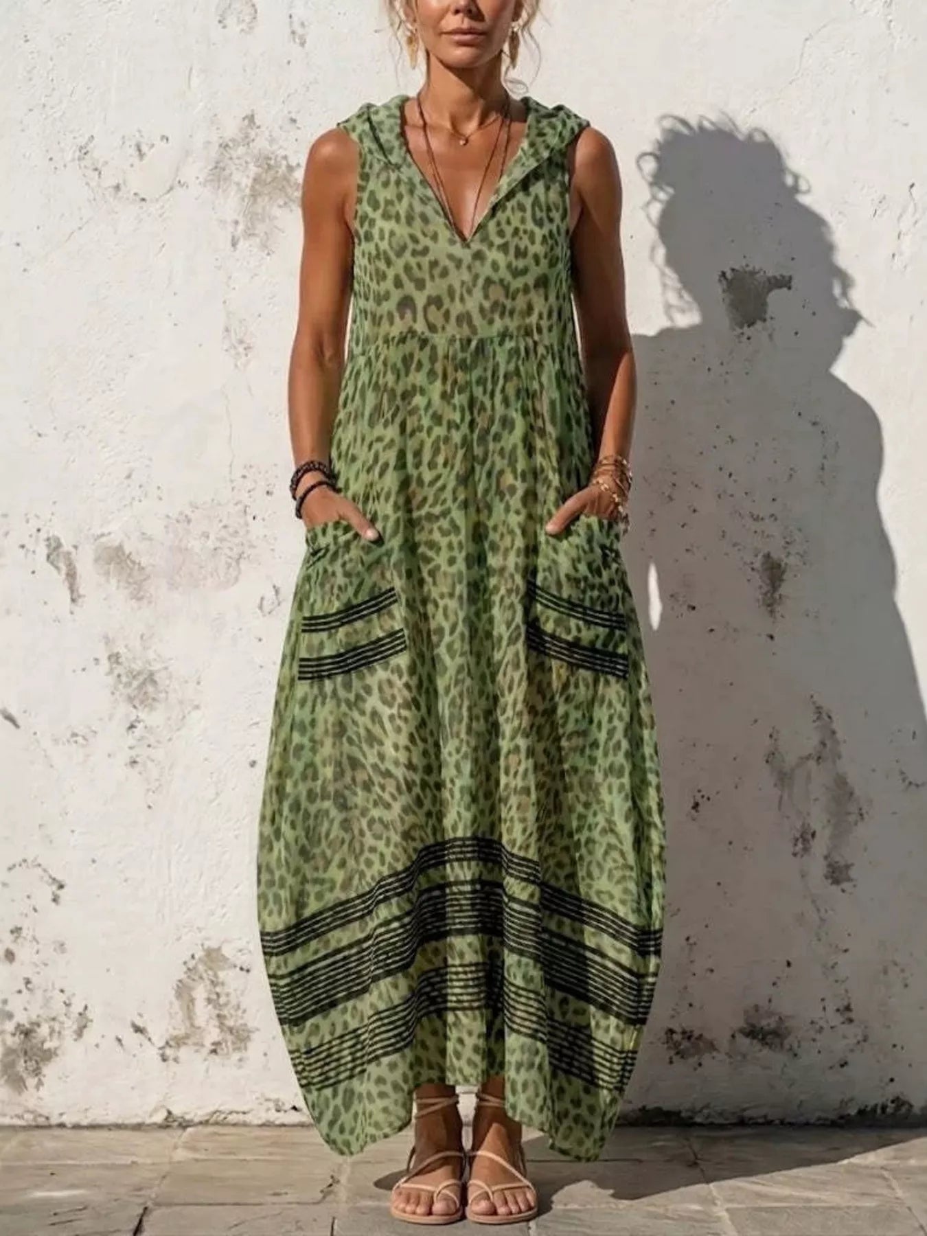 Full Size Sleeveless Hooded Leopard Print Maxi Dress with Pockets Plus Size
