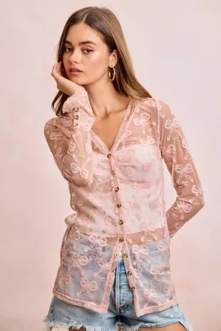 BiBi Bow Pattern Shrried V-neck Mesh Cardigan Top
