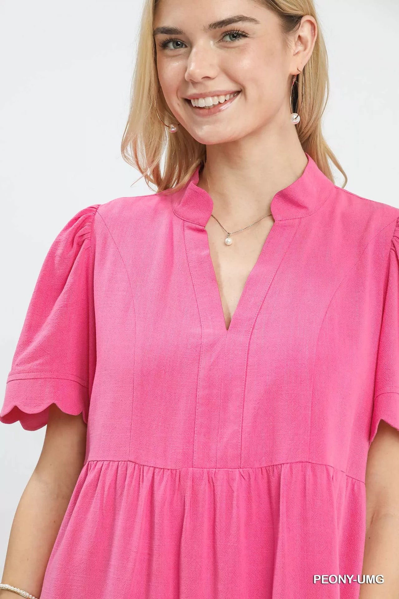 Umgee Linen Tiered Babydoll Dress with Scalloped Sleeves