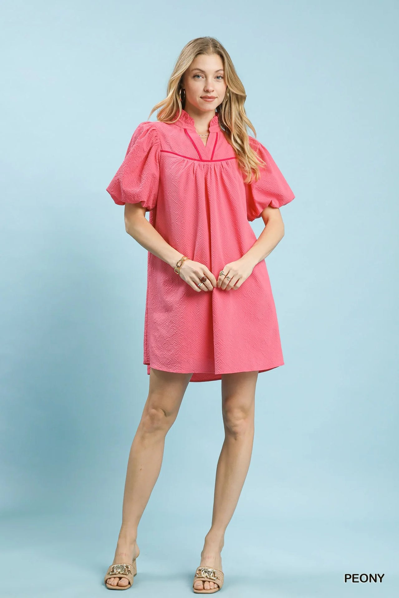 Umgee Seersucker Puff Sleeve Dress