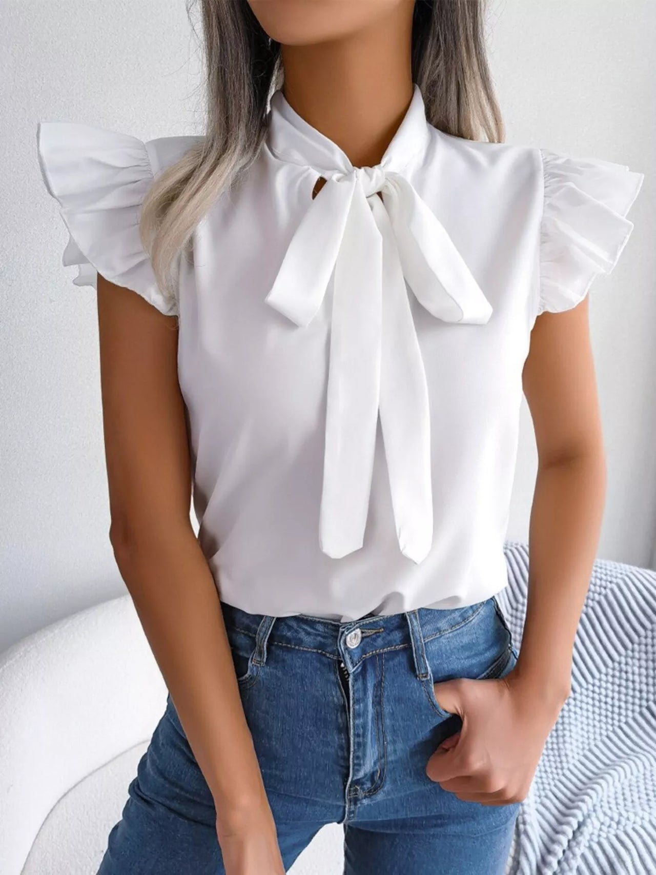 Bow Tie Ruffle Sleeve Blouse